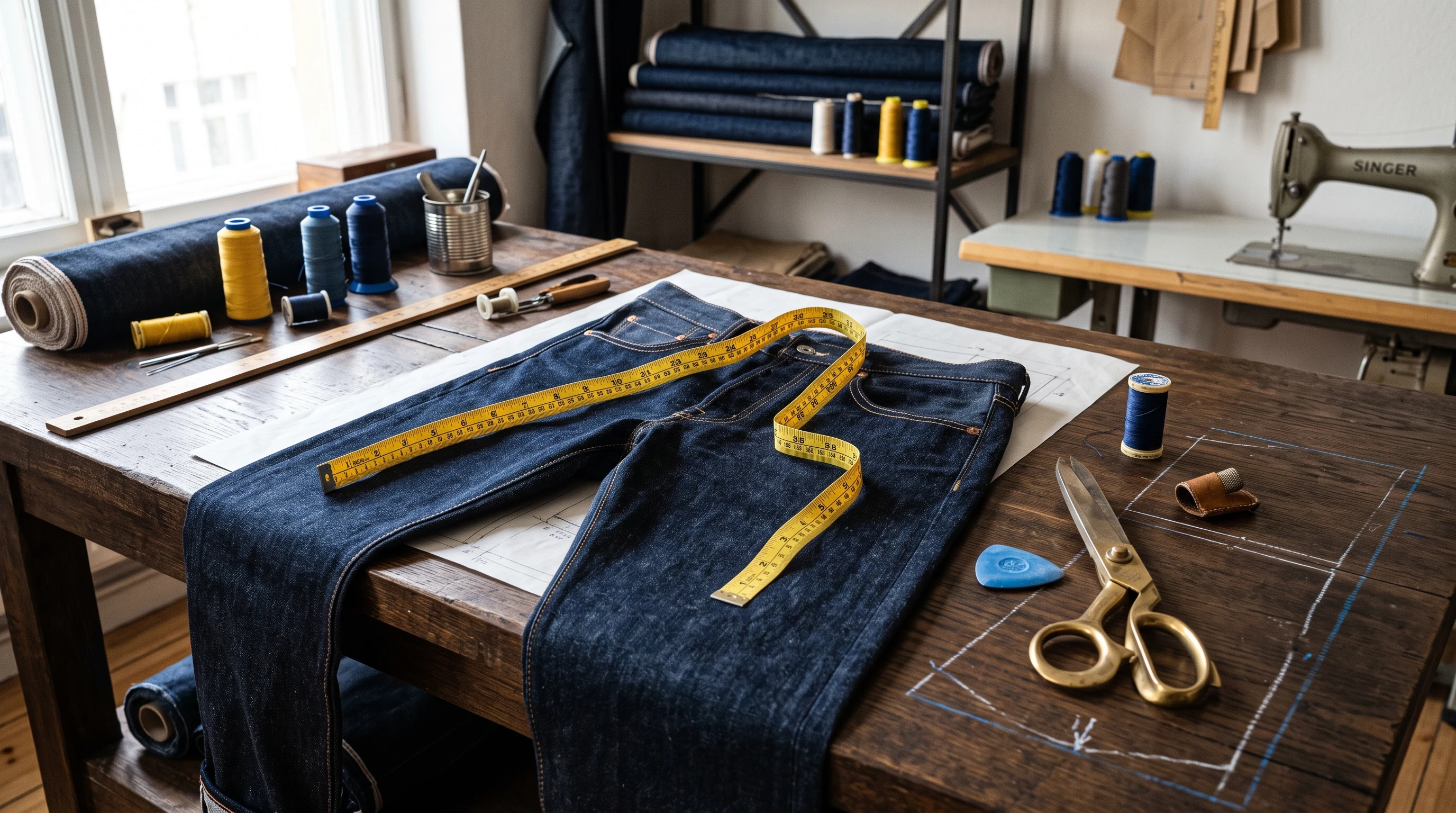 Table d'atelier de confection avec jeans brut denim selvedge et mètre ruban gradué en pouces et centimètres