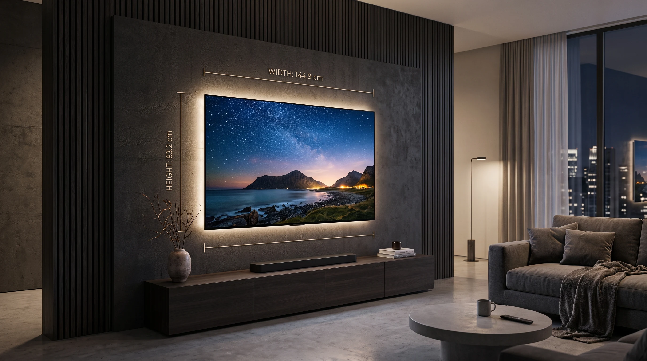 Téléviseur OLED 65 pouces monté sur un mur de salon moderne avec indications dimensionnelles en centimètres